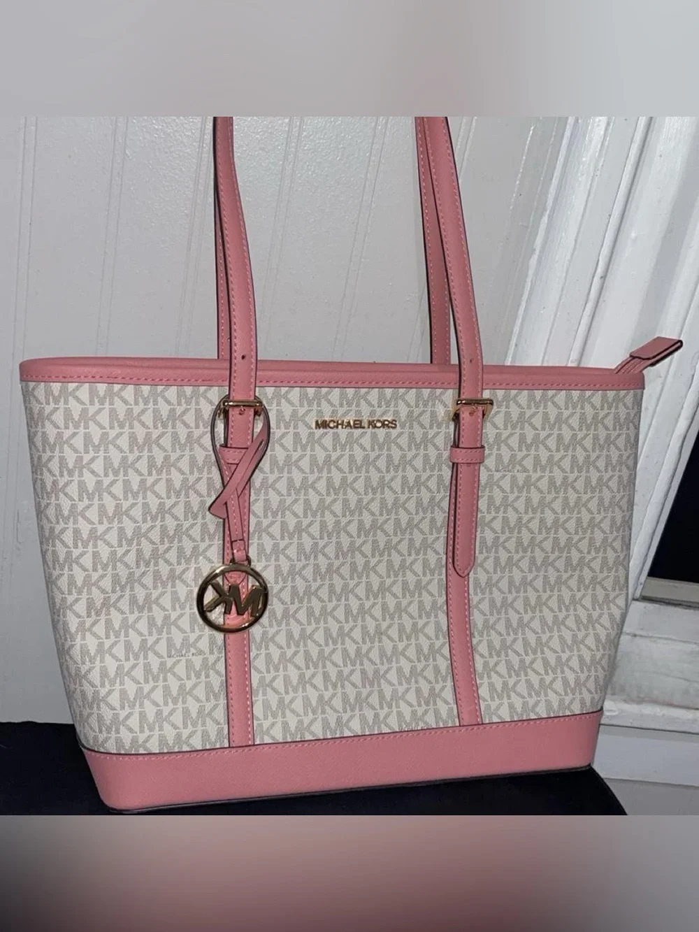 Michael Kors Cream and Pink MK Logo Tote